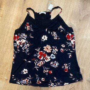 Maurice’s Floral Lace-Trim Navy Tank Top with Red & Cream Blooms - Size Small